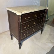 Commode with 3 drawers in Louis XVI style, marble and gilded bronze.