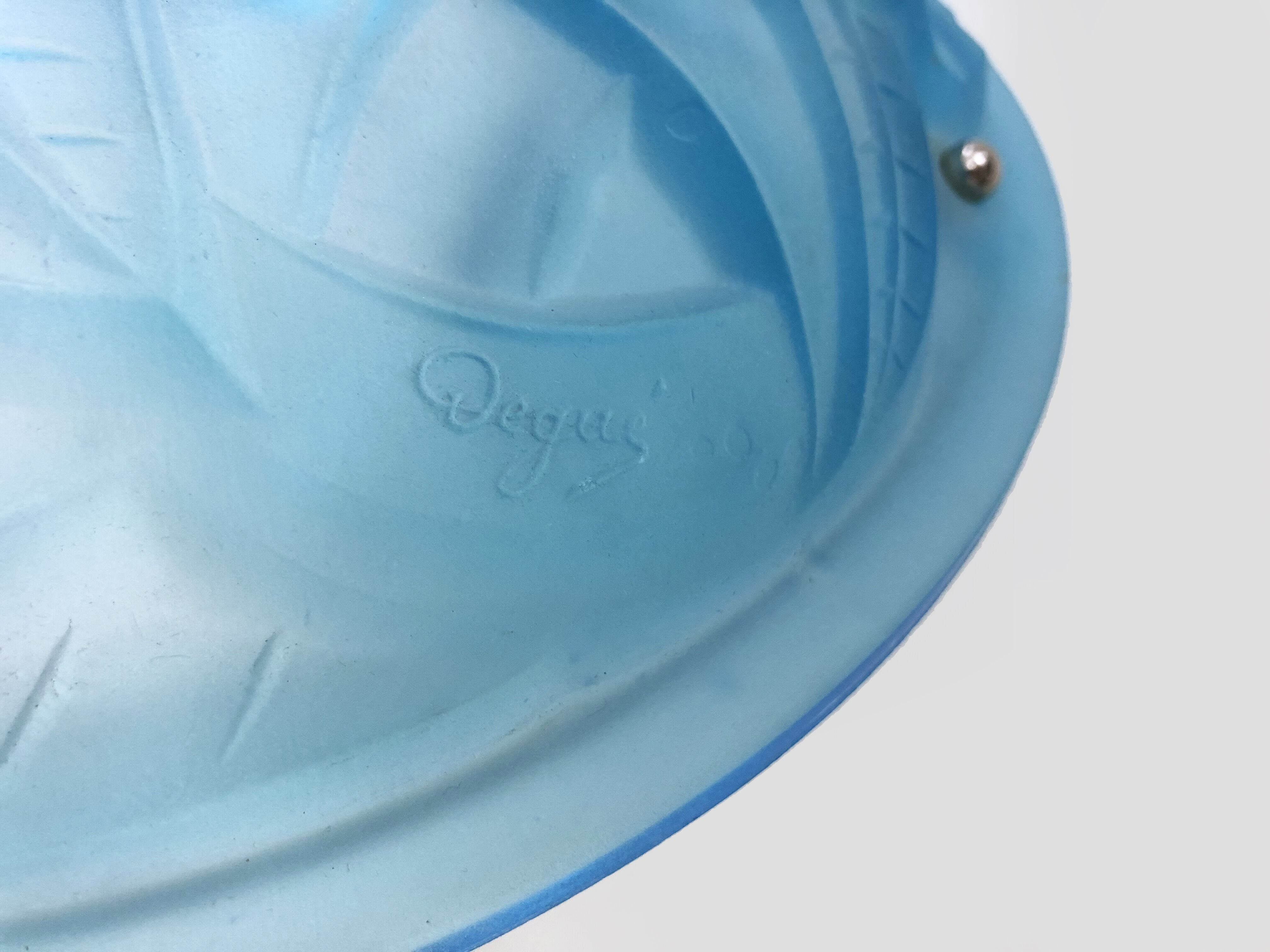 Old degue chandelier, suspension basin art deco 1 fire, in blue glass paste. signed degué