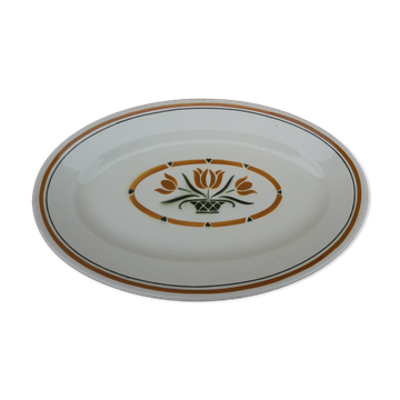 Plat ovale en faïence de Salins Terre fer motif vase avec tulipe L 37 cm