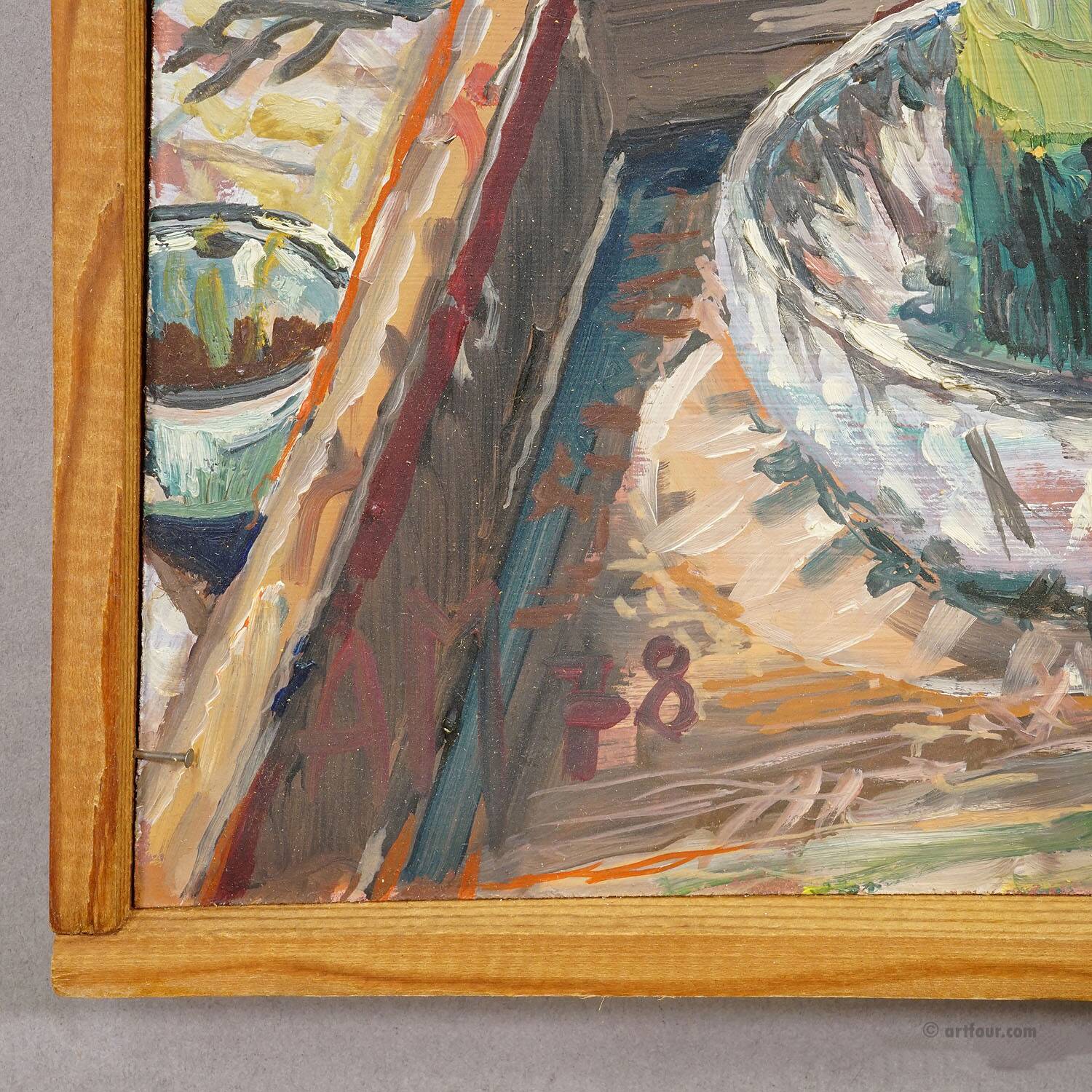 Oil painting by Alexander Michael of cyclamen (Alpenveilchen), 1978