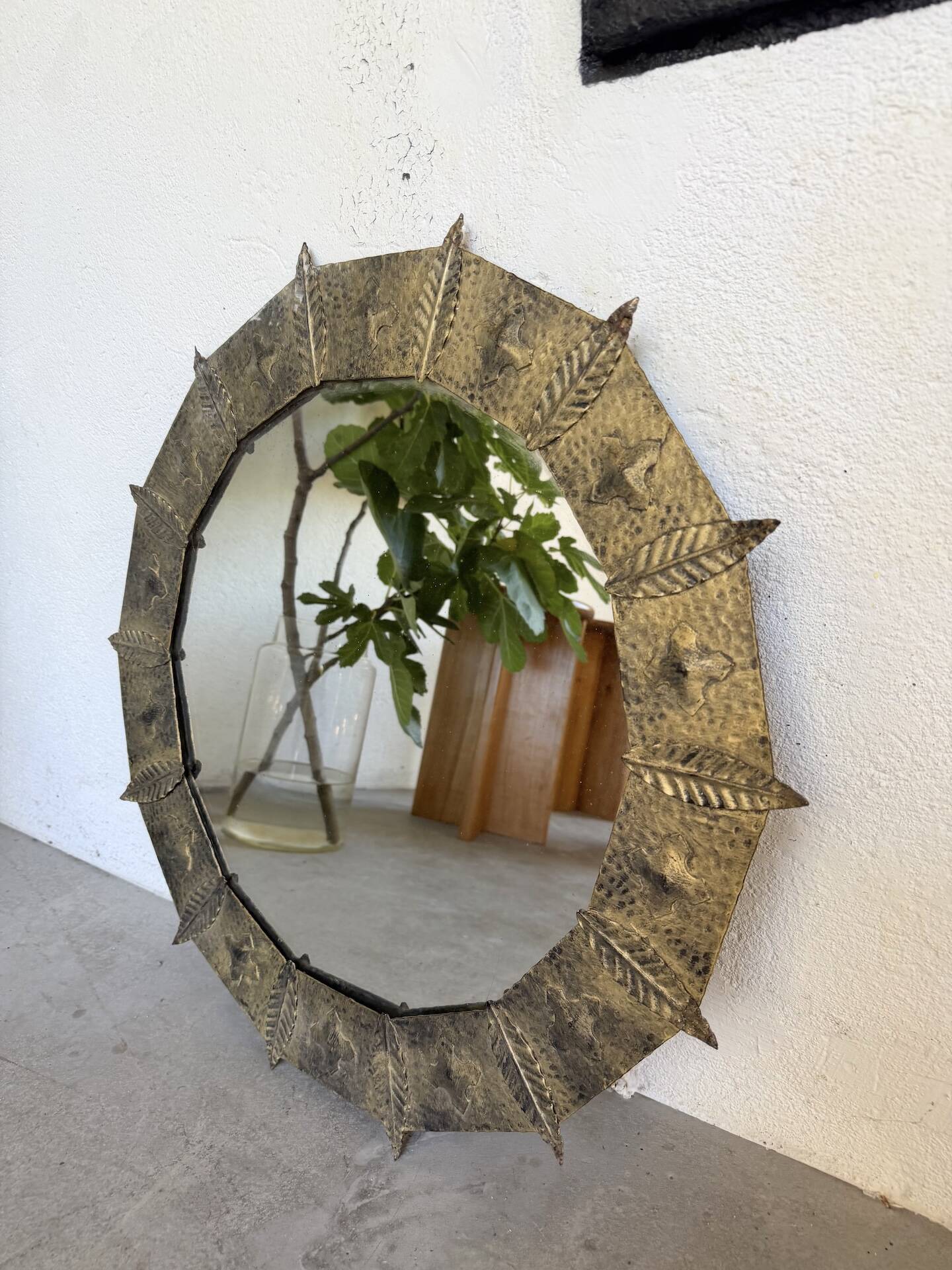 Brutalist round hammered gold metal mirror