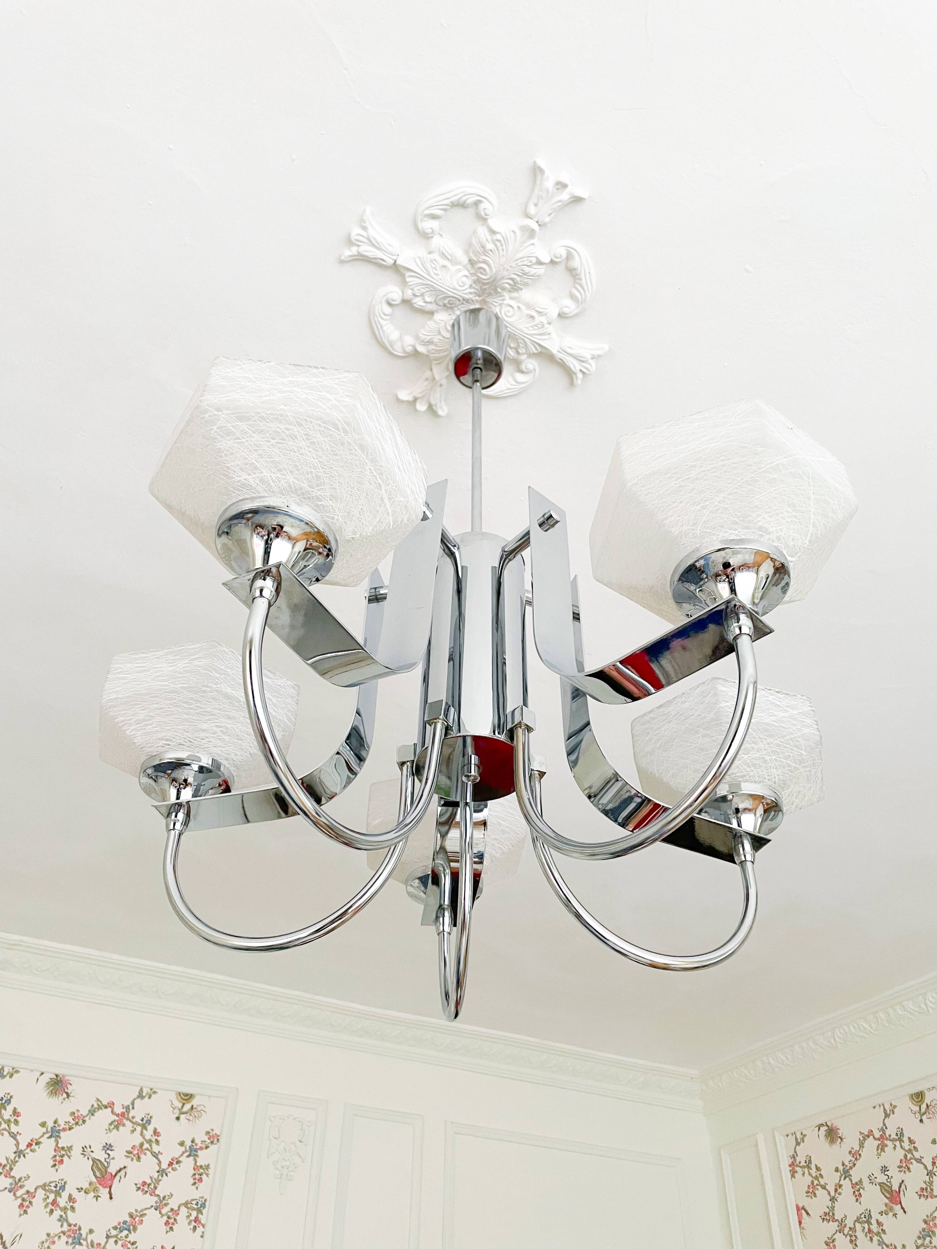 Lustre Gaetano Sciolari à 5 bras en métal chromé, Italie 1970