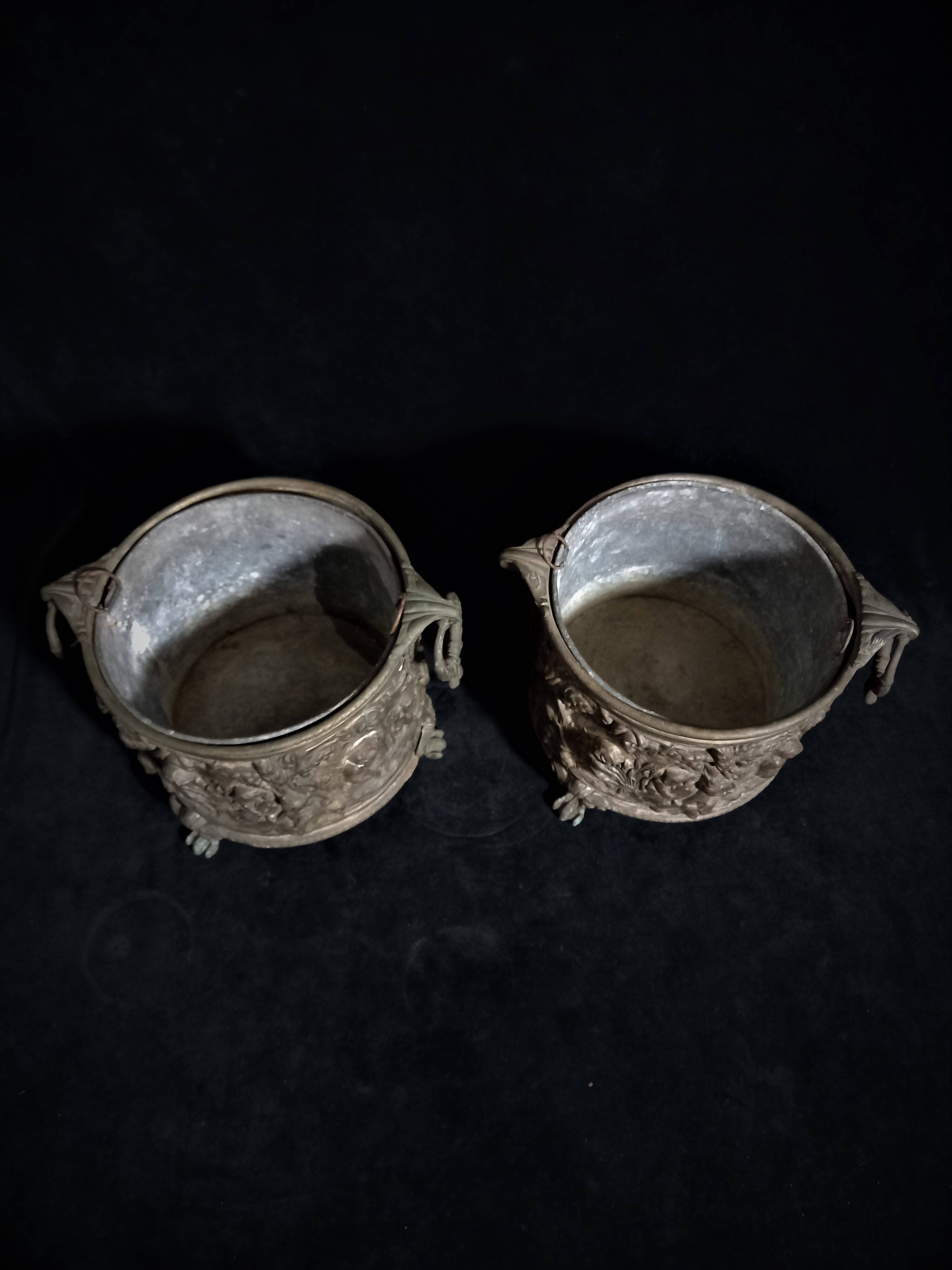 Pair of 19th Century Copper-Brass Plant Pots With Repoussé Putti