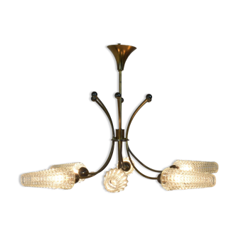 Lustre 1950, laiton et verre, vintage, édition originale