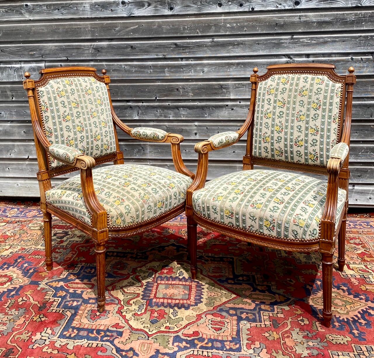 Pair of armchairs in natural wood louis xvi style xix century