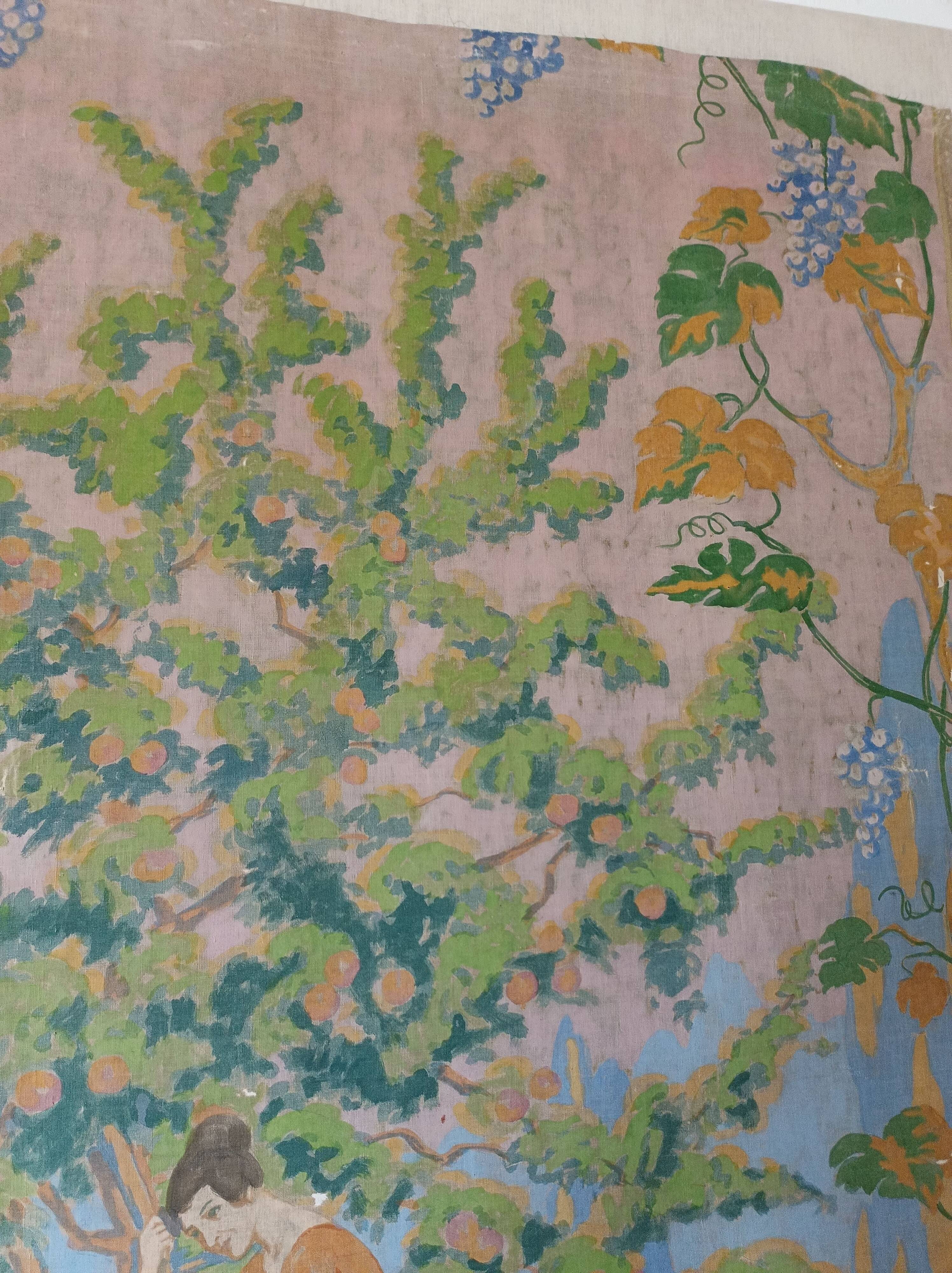 Large painting on canvas from the 20th century mounted on a frame - rural scene.