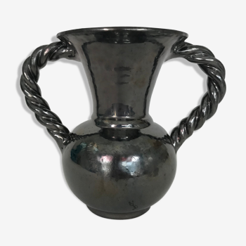 Vase noir à anses torsadées signé Blaise Rubino à Vallauris, vers 1950/1960