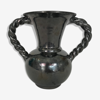 Black vase with twisted handles signed Blaise Rubino in Vallauris, circa 1950/1960