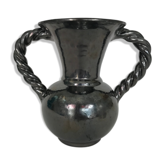 Black vase with twisted handles signed Blaise Rubino in Vallauris, circa 1950/1960