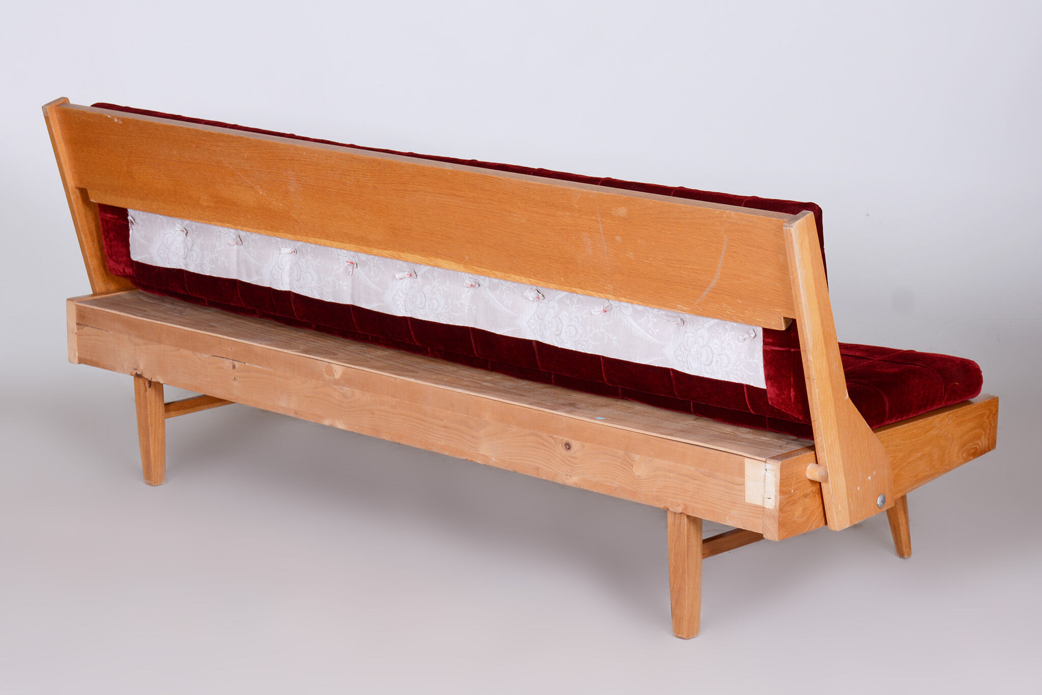 Red Midcentury Modern Oak Sofa, 1950s, Original well preserved upholstery