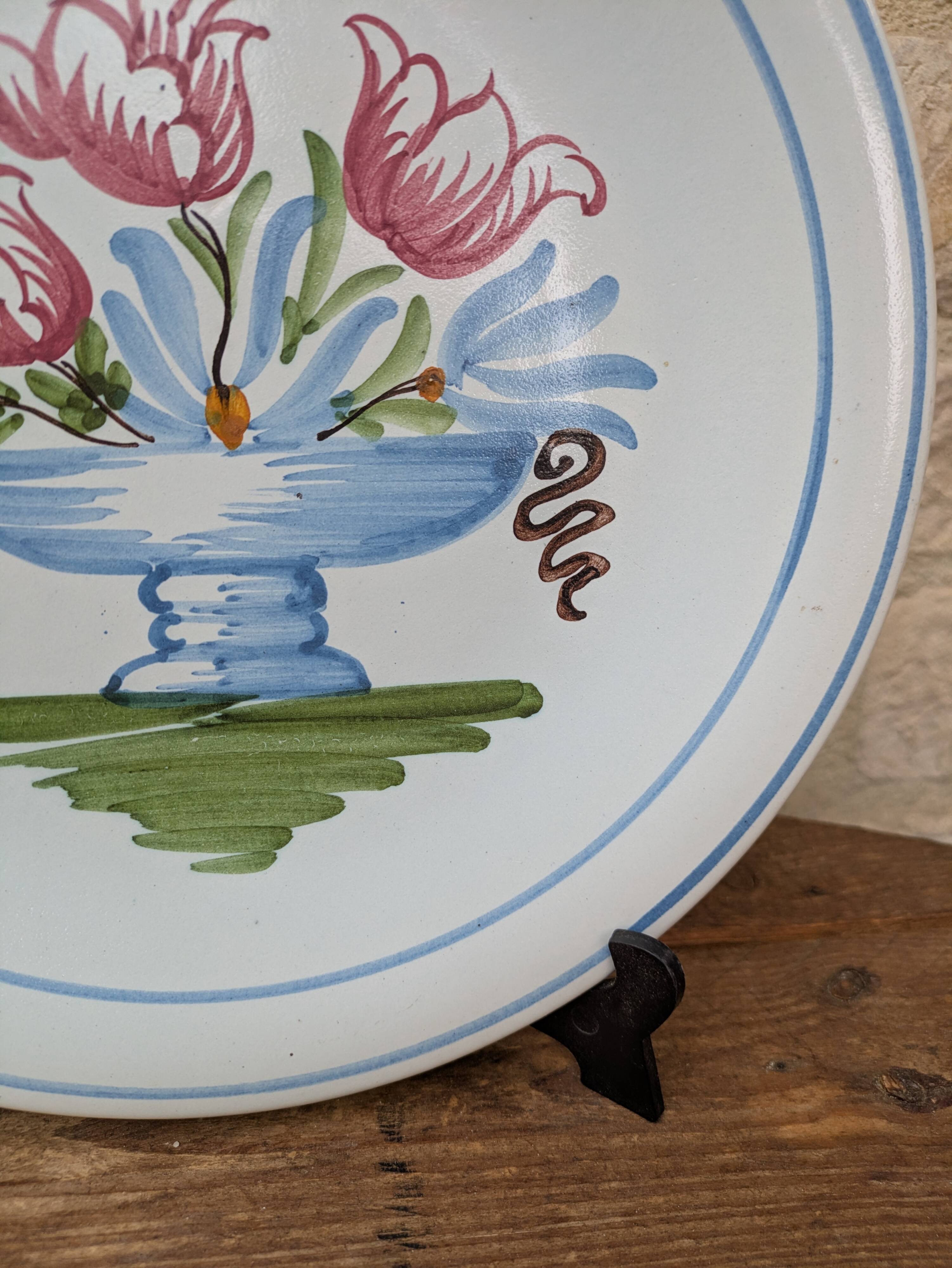 Plate with hand-painted flower bouquet on light blue background 25cm