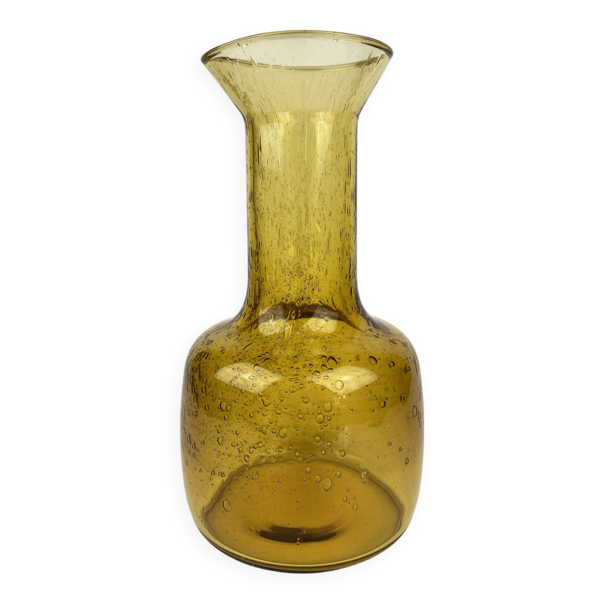 Ancien Vase Carafe Verre Soufflé Bullé Ambré Jaune