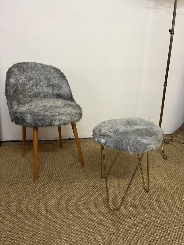 Fauteuil et tabouret moumoute vintage