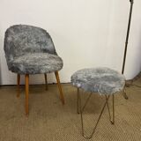 Fauteuil et tabouret moumoute vintage