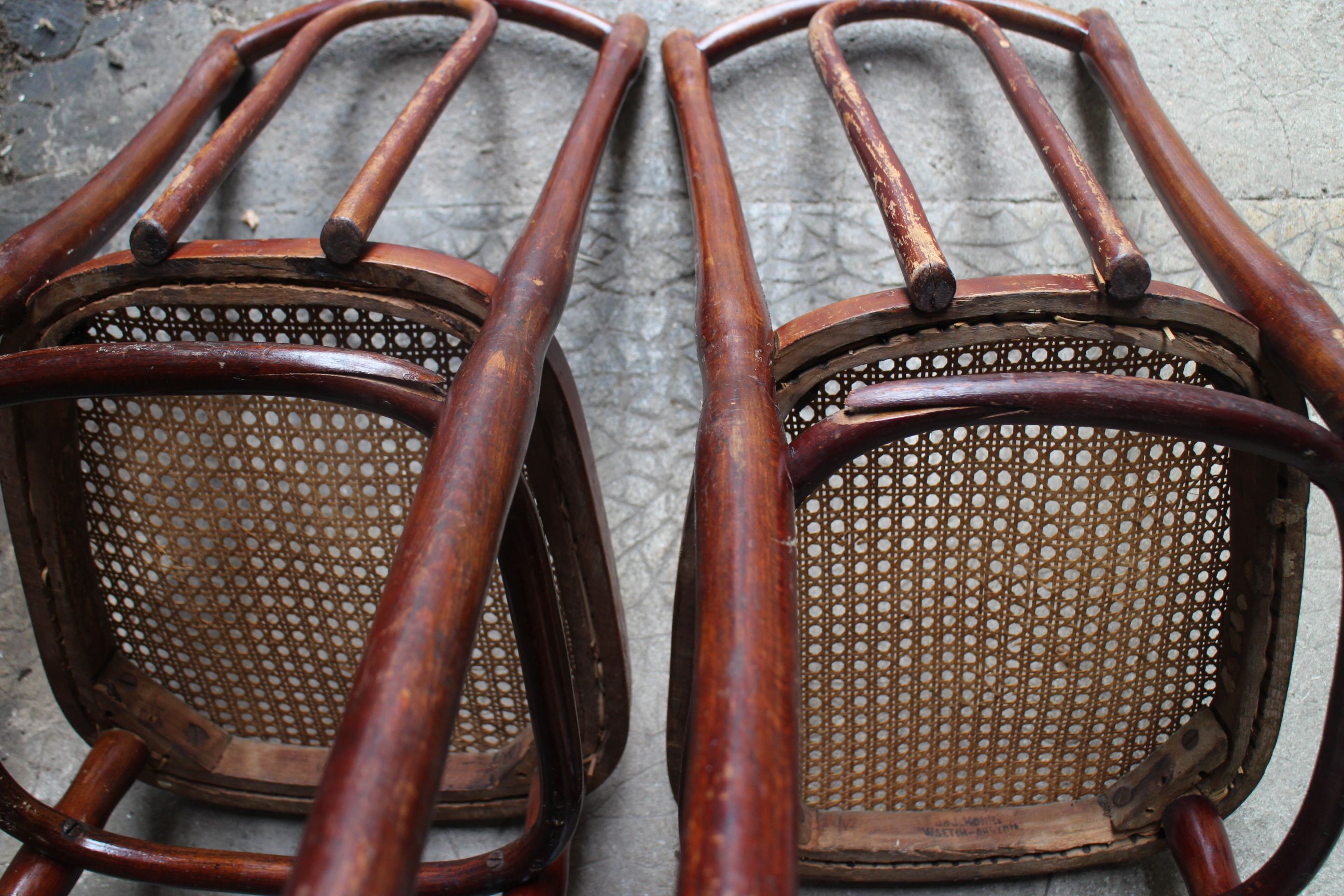 Series of 6 kohn bistro chairs curved wood and cannage