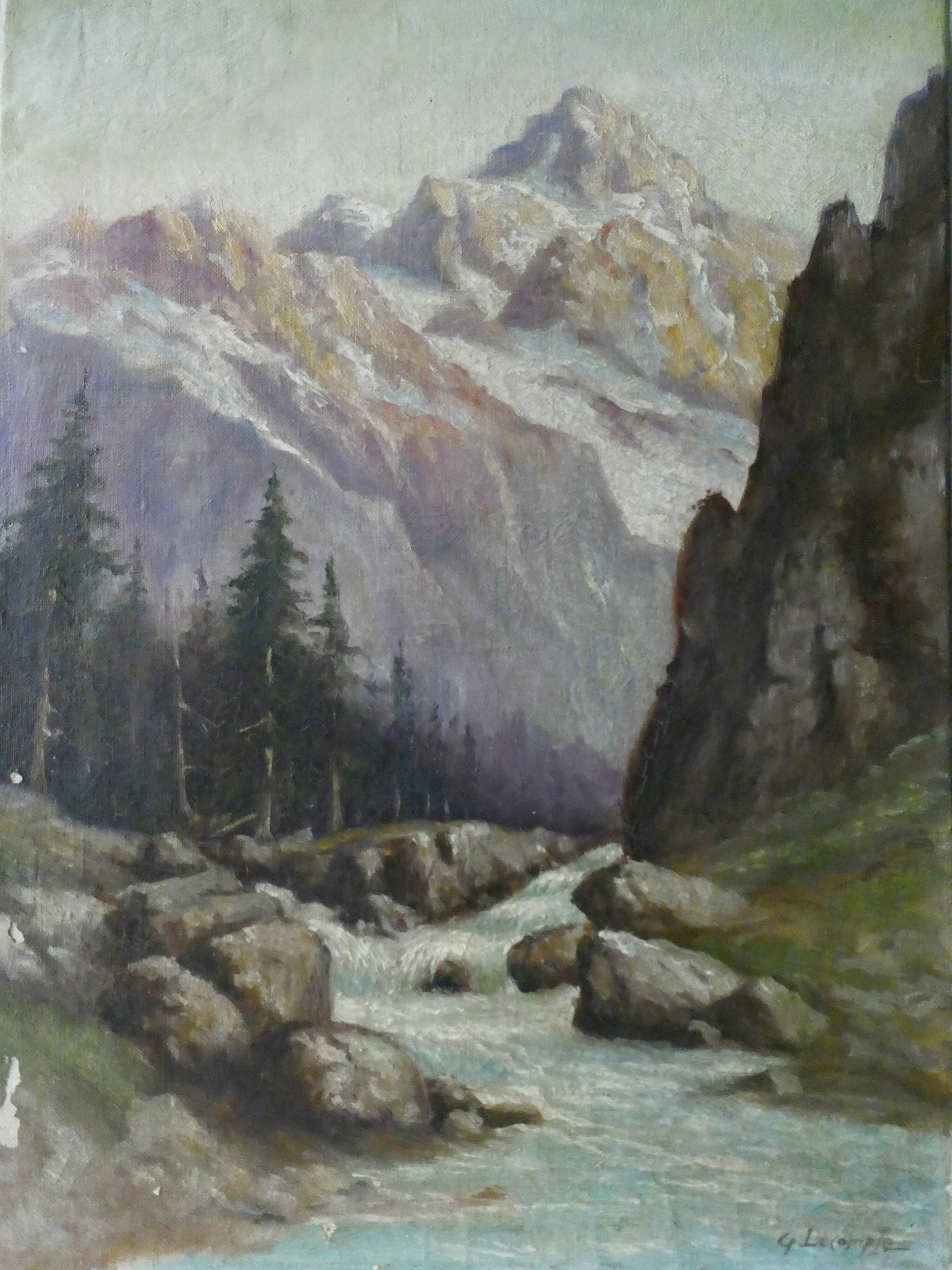 Tableau, huile sur toile paysage de montagne, signé