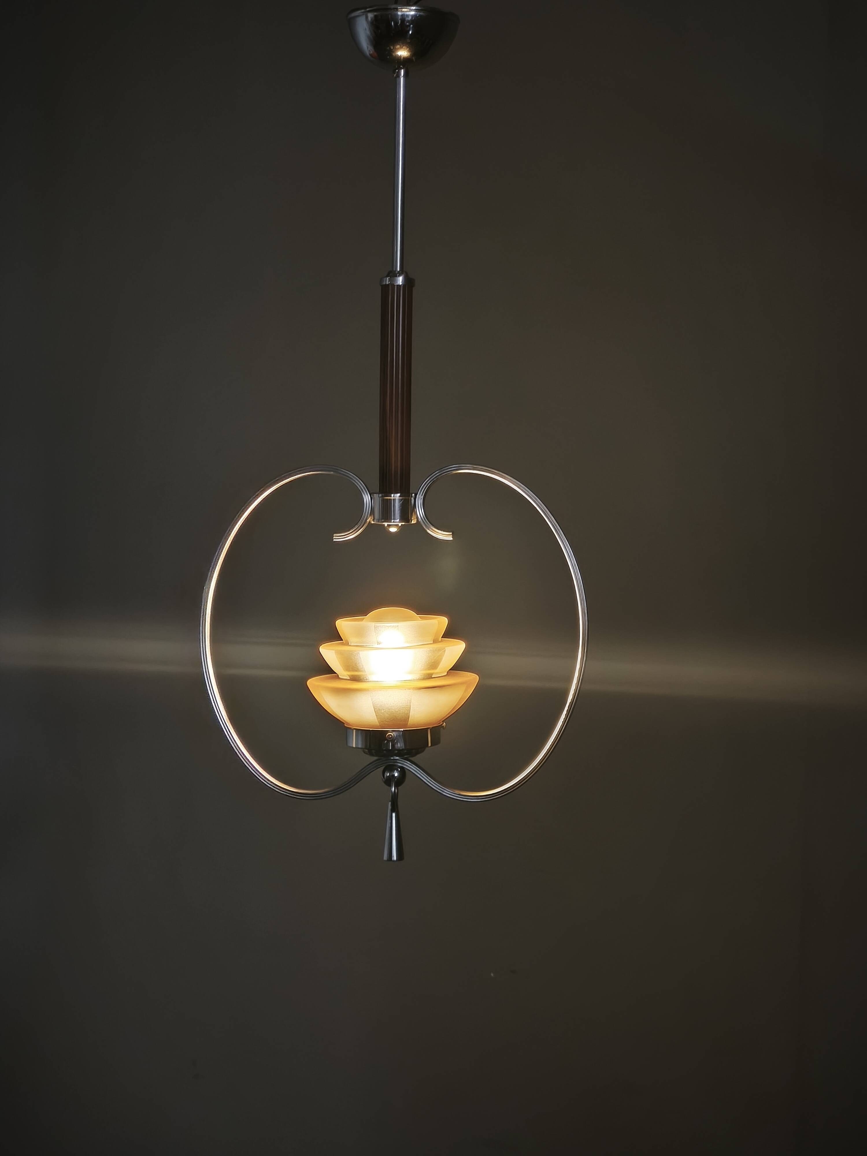 1930s Czech Art Deco Chrome and Frosted Glass Chandelier