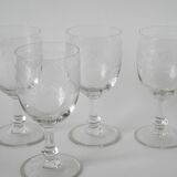 Set of 9 old wine glasses engraved in blown glass, early 20th century
