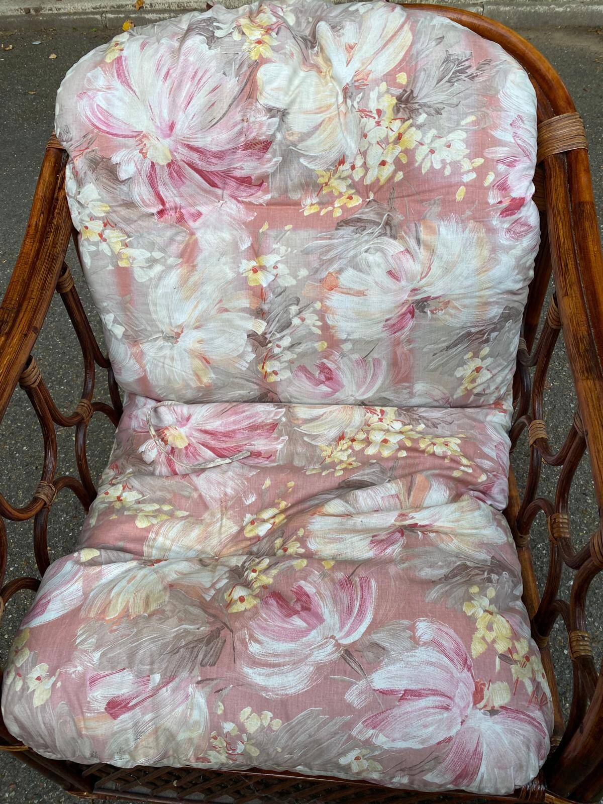 Adult burgundy rattan and wicker armchair with cushion 1970