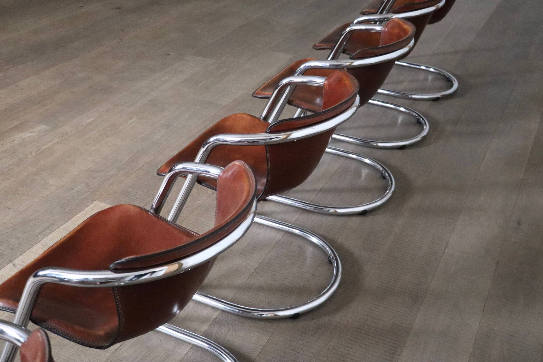 Set of 6 tubular chrome and saddle leather dining chairs for Metaform, 1970