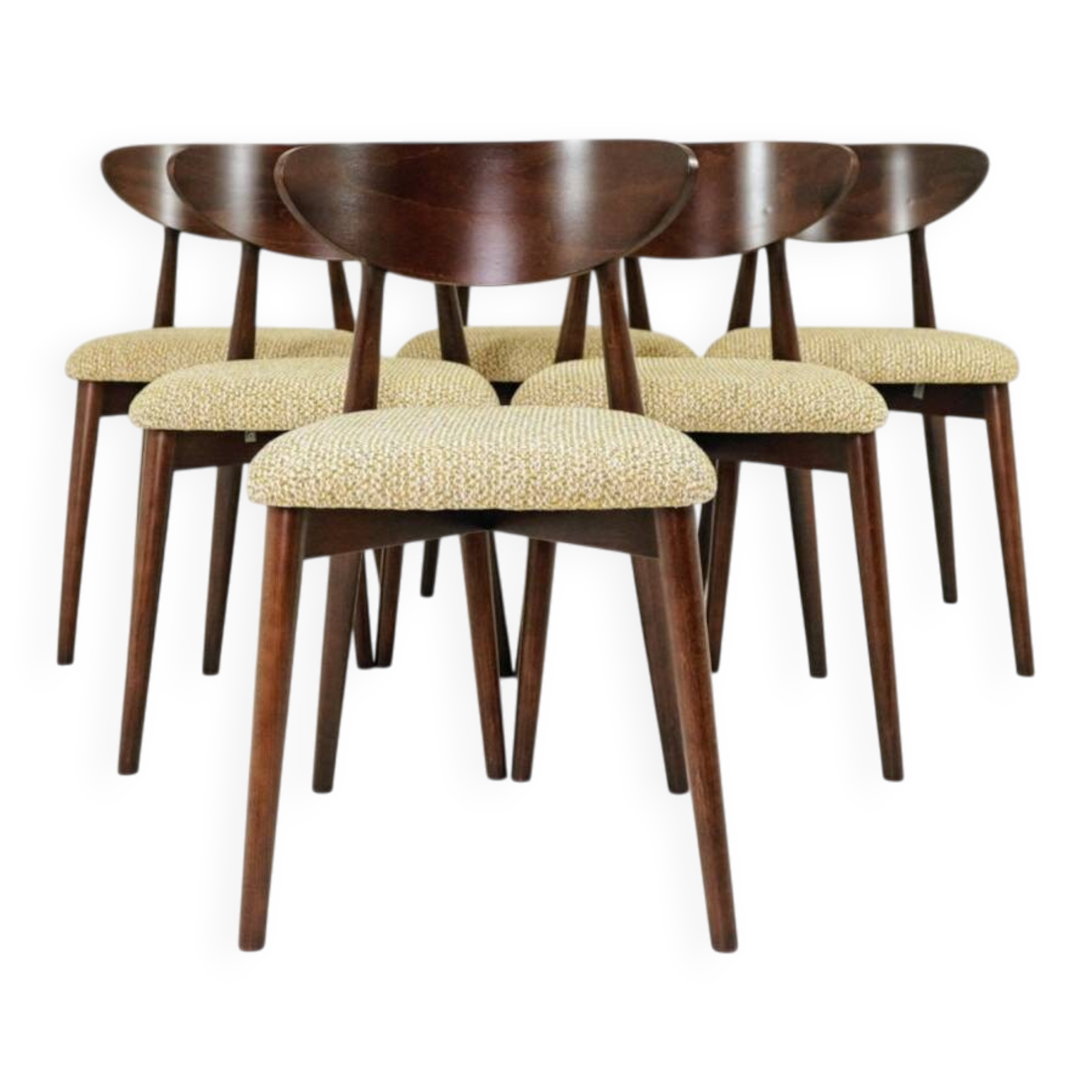 Green and walnut fabric dining chairs