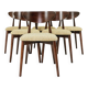Green and walnut fabric dining chairs