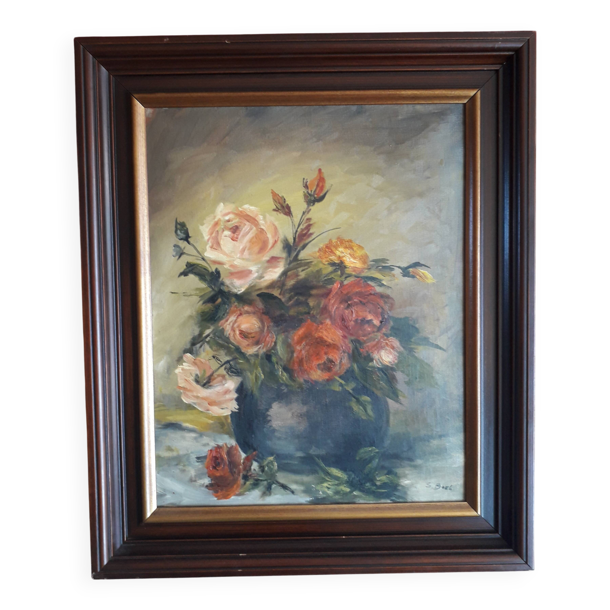 Antique oil painting depicting a bouquet of roses