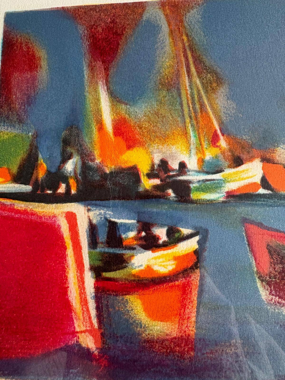 Signed lithograph by Marcel Mouly – Post-Cubist port scene