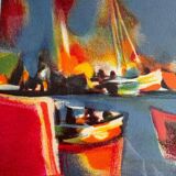 Signed lithograph by Marcel Mouly – Post-Cubist port scene