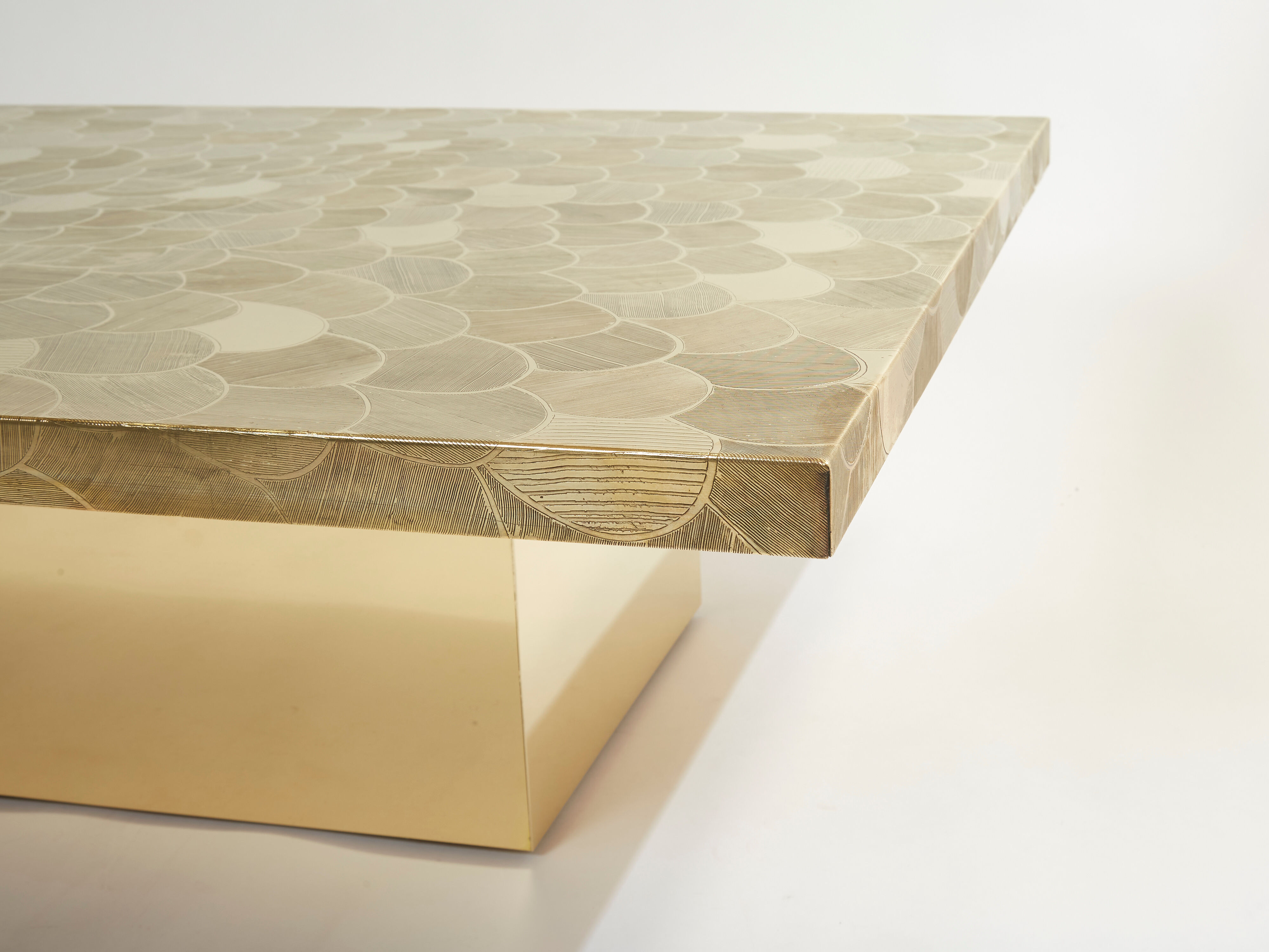 Belgian coffee table in engraved brass signed Christian Krekels 1970