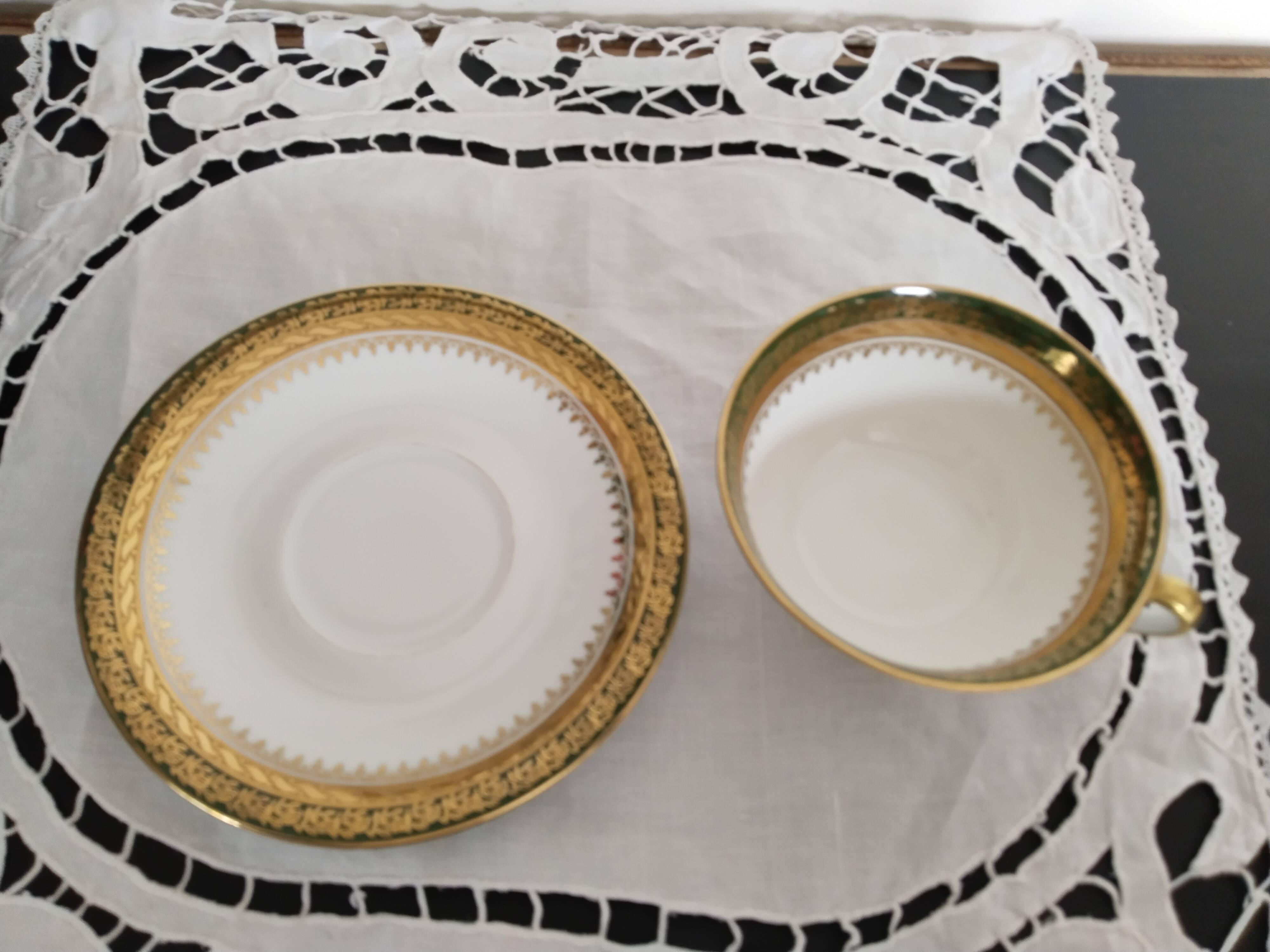 Limoges porcelain tea or chocolate cup, green and gold