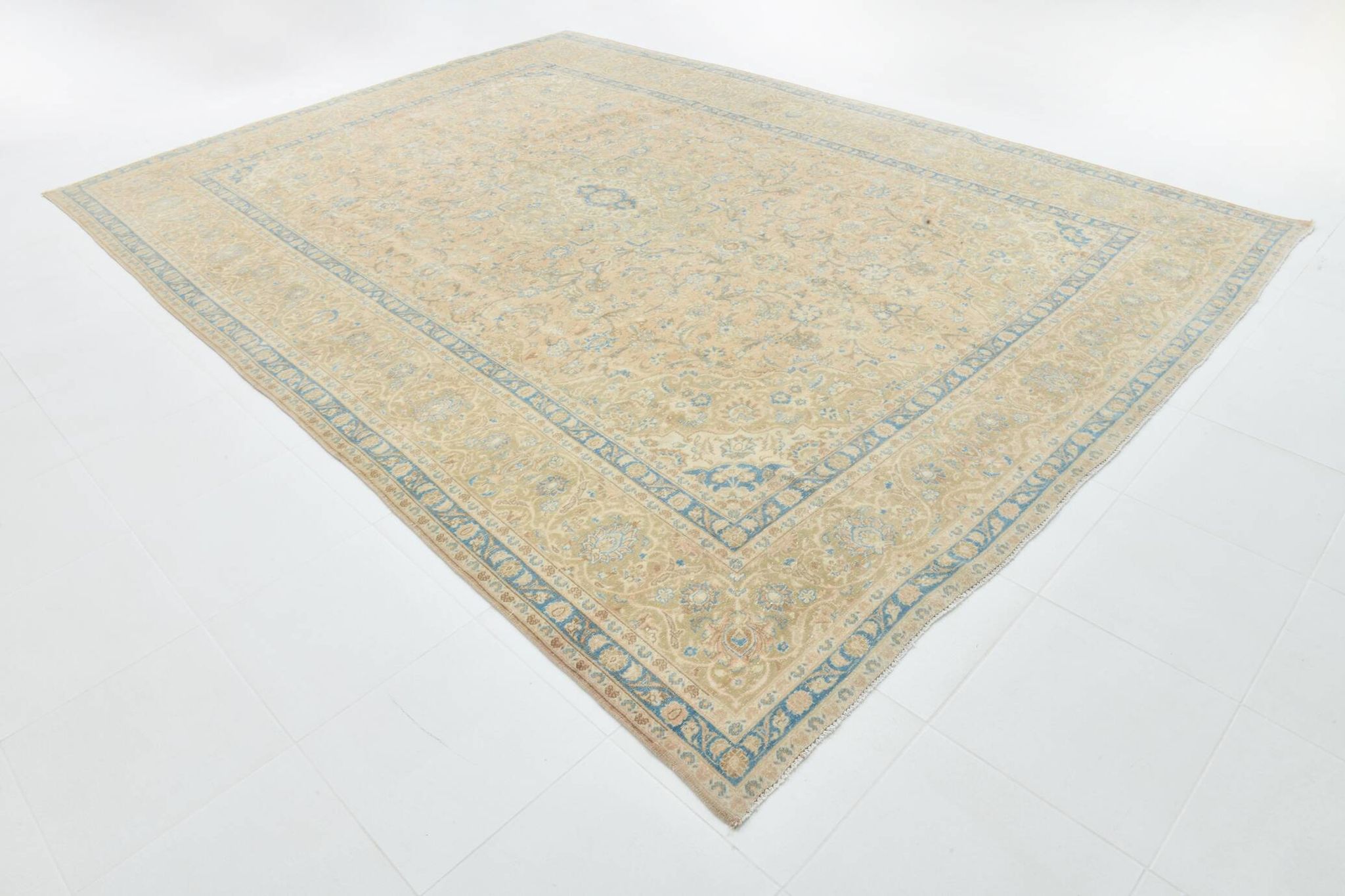 Sky Blue Hand Knotted Antique Vintage Persian Tabriz Rug, 293x407 Cm