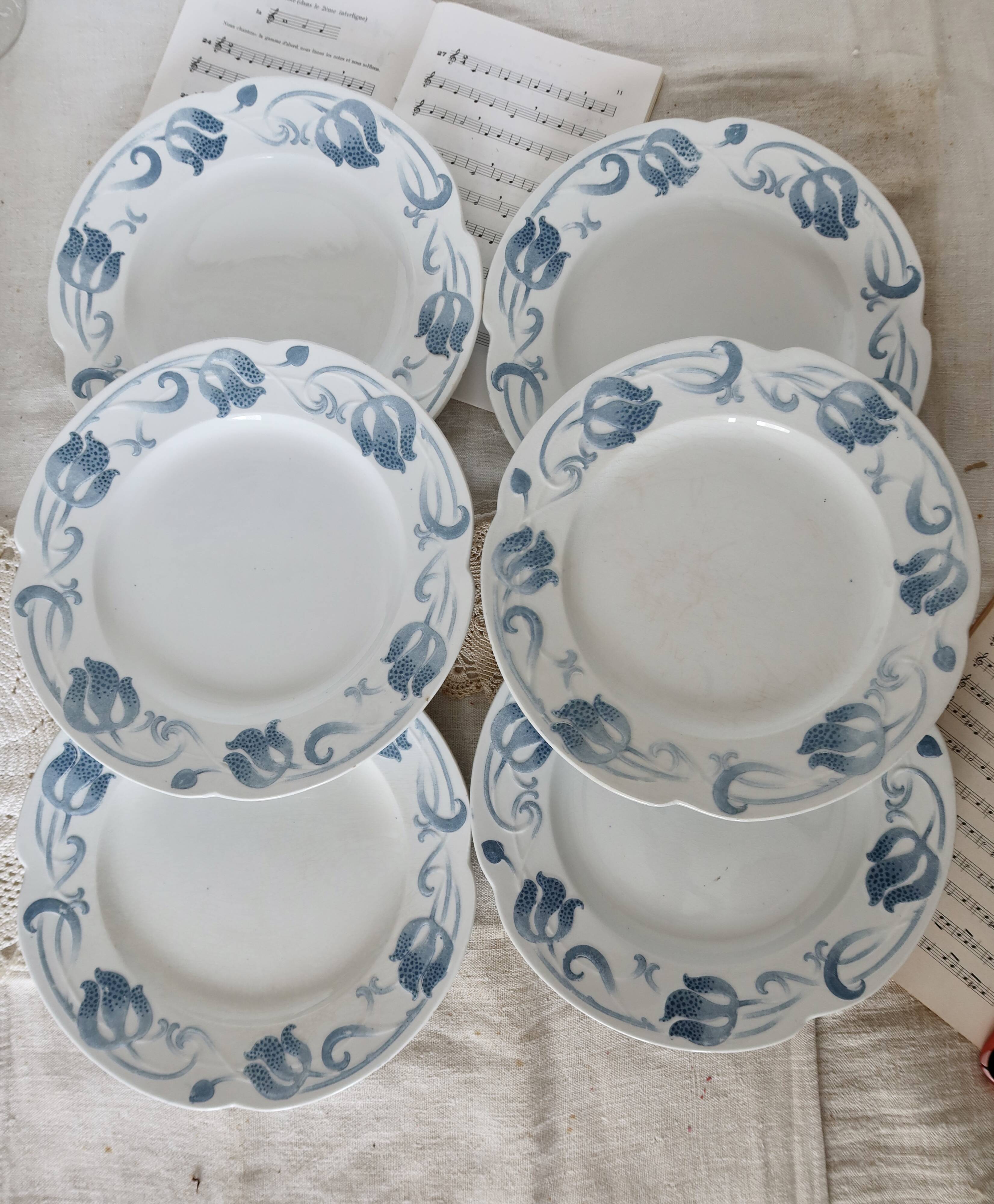 6 flat plates - Antique tableware set 82 pieces Sarreguemines earthenware Art Nouveau style