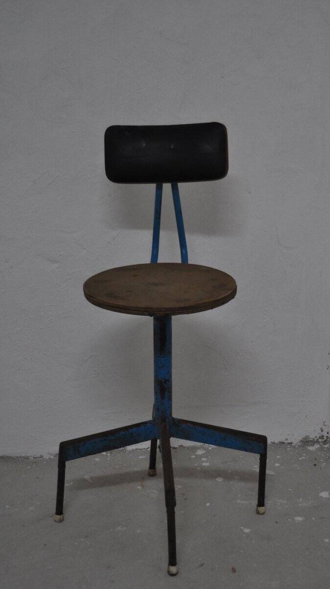 1970s industrial swivel chair in blue and brown - metal, wood and leather