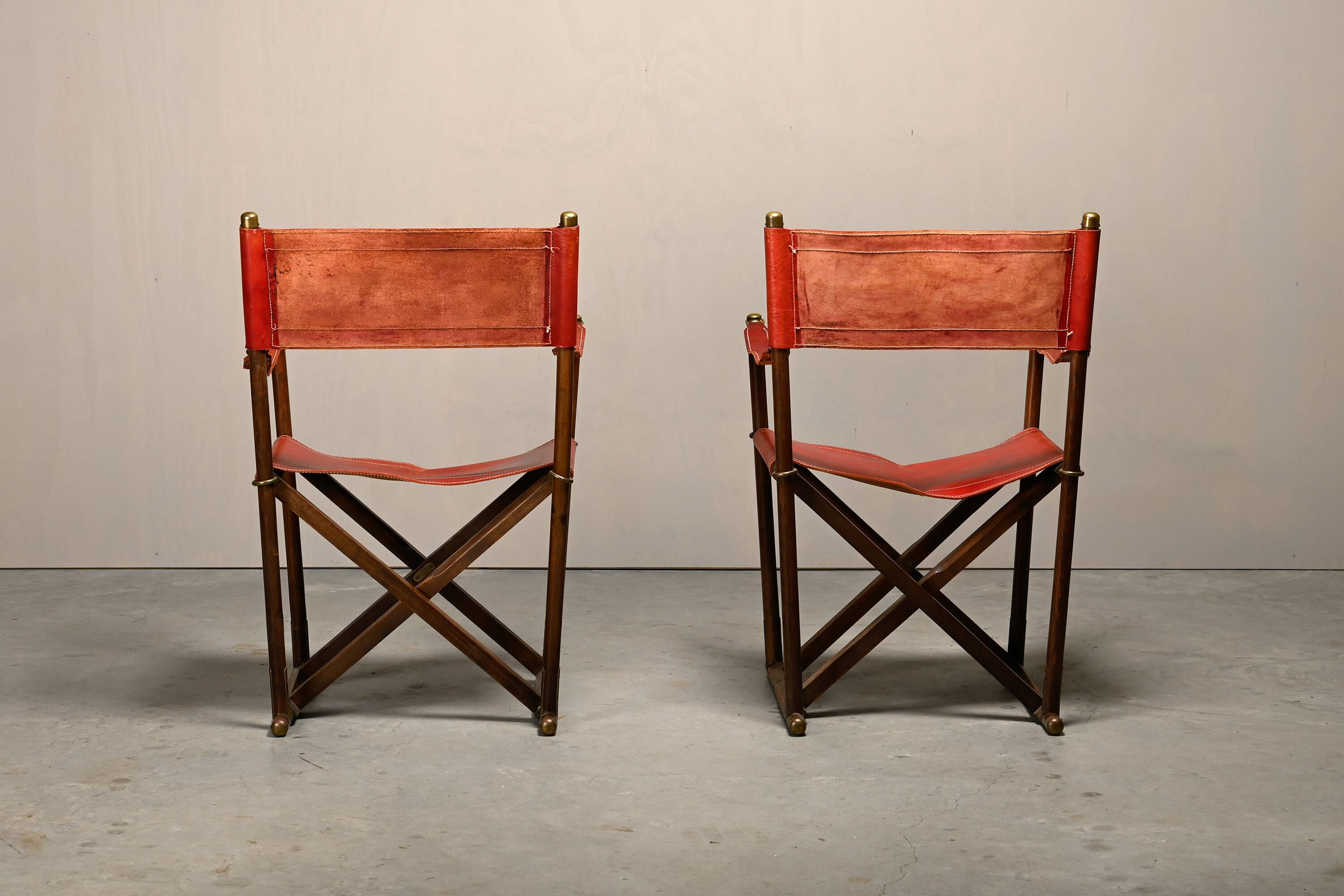 Pair Mogens Koch MK-16 Folding Chair in Oak Wood with Red Leather for Valma