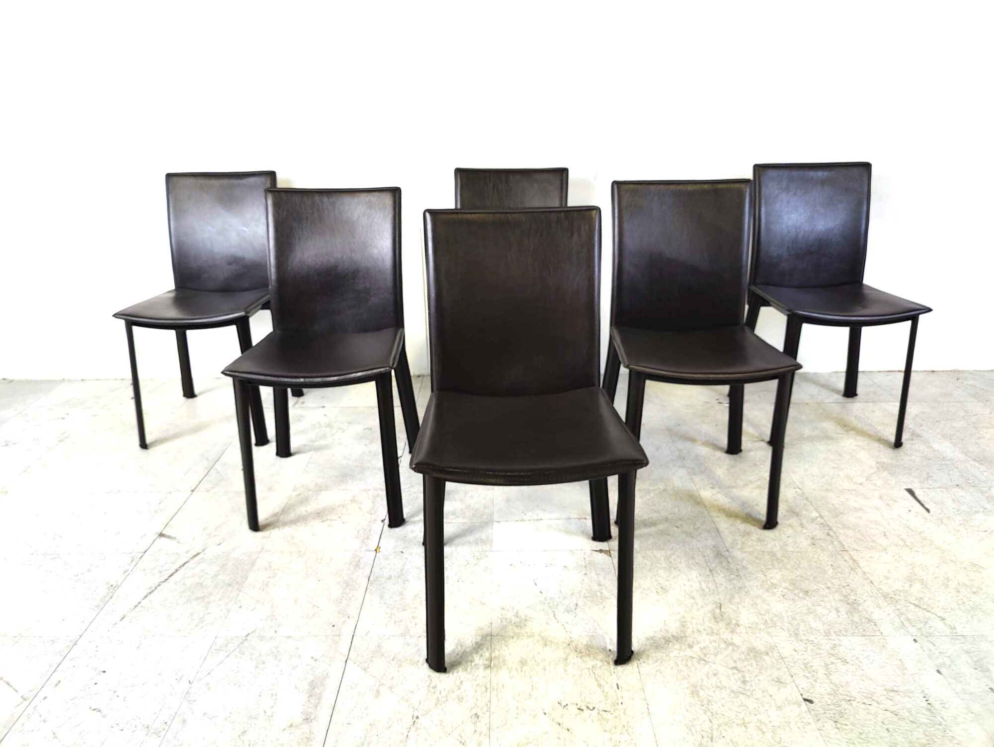 Dark brown leather dining chairs, set of 6 - 1980s