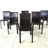 Dark brown leather dining chairs, set of 6 - 1980s