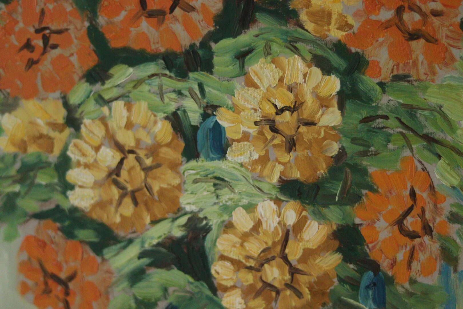 Original vintage oil on panel painting "Flowers in vase"
