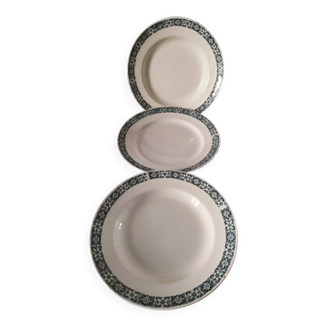 Trio of plates (2 soup plates, 1 dinner plate) Longchamp René, duck egg blue decoration