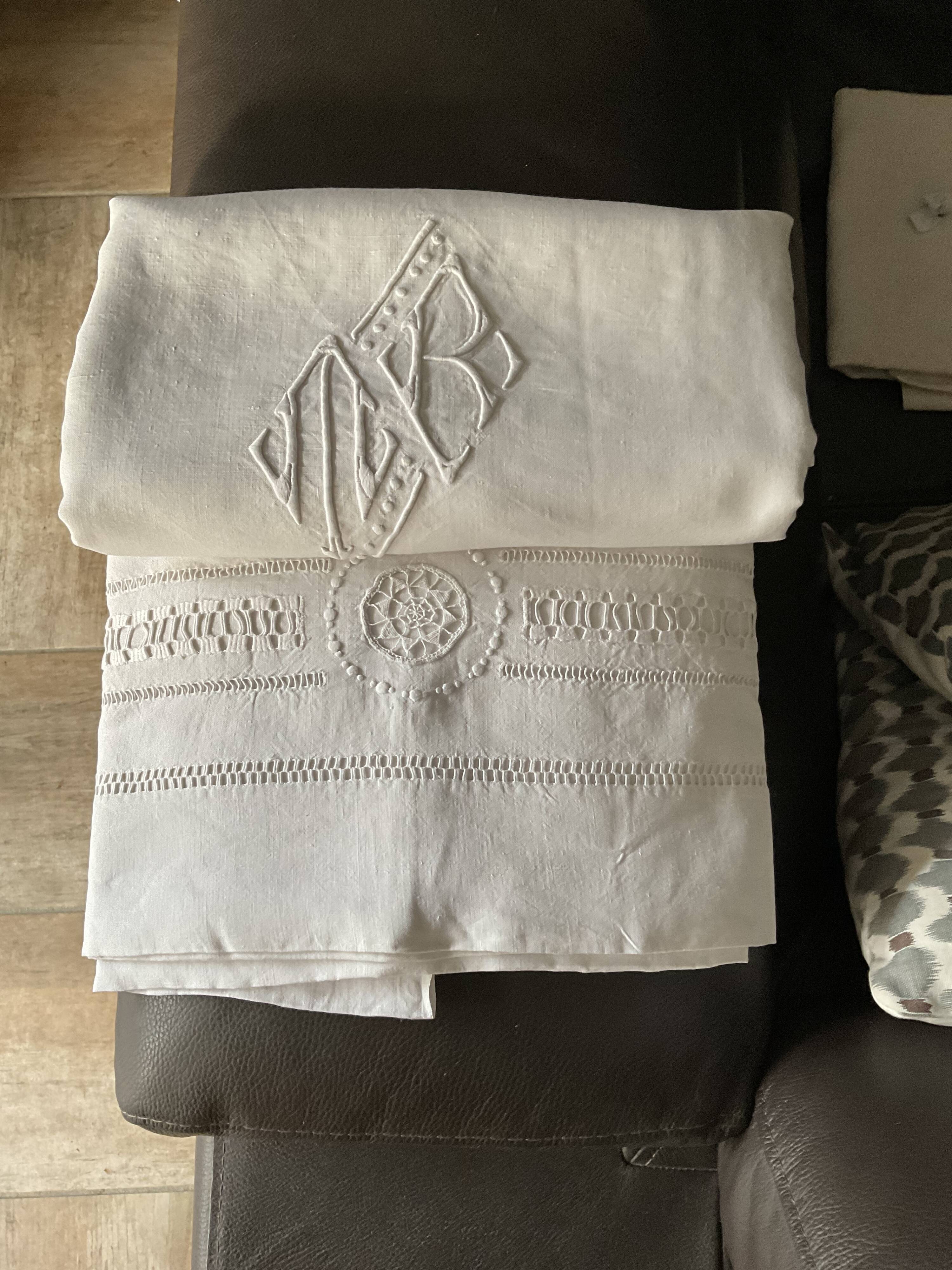 Linen sheet . Old. Monogram M R 207 cm x 300 cm