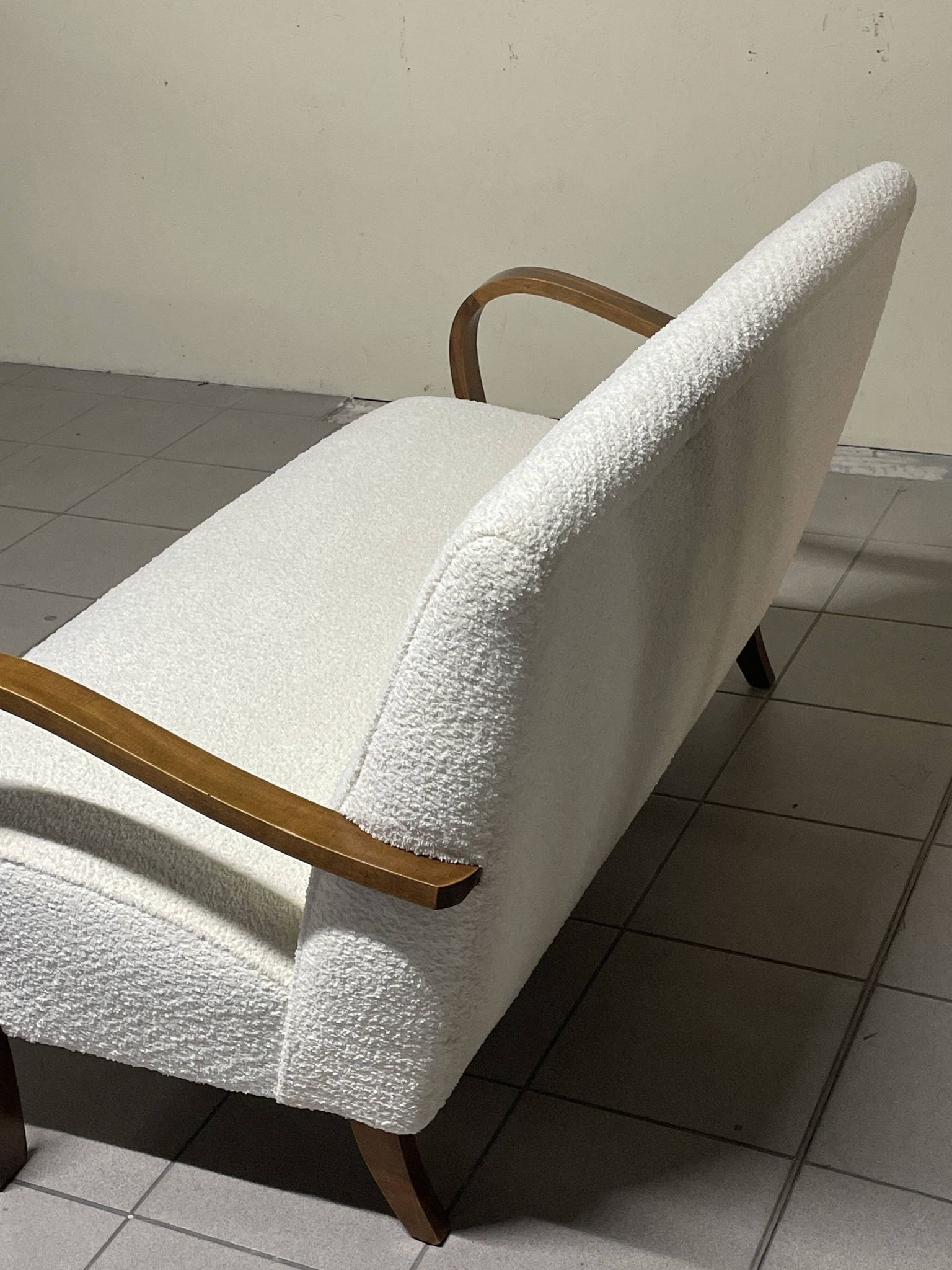 1940s Sofa in Wood and Boucle Fabric, Italian Production
