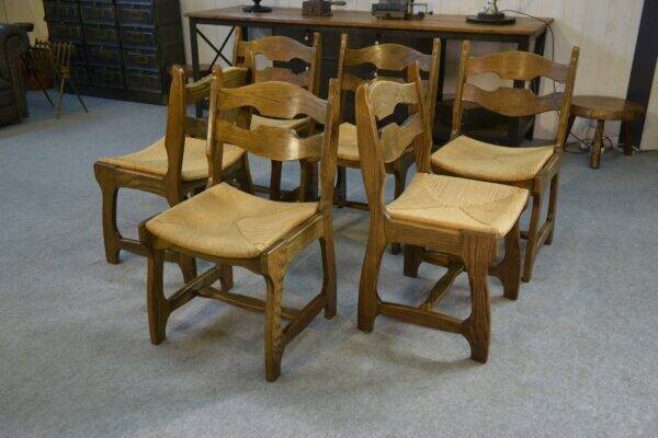 Set of 6 solid oak chairs with straw seats in the style of Guillerme and Chambron, 1950s