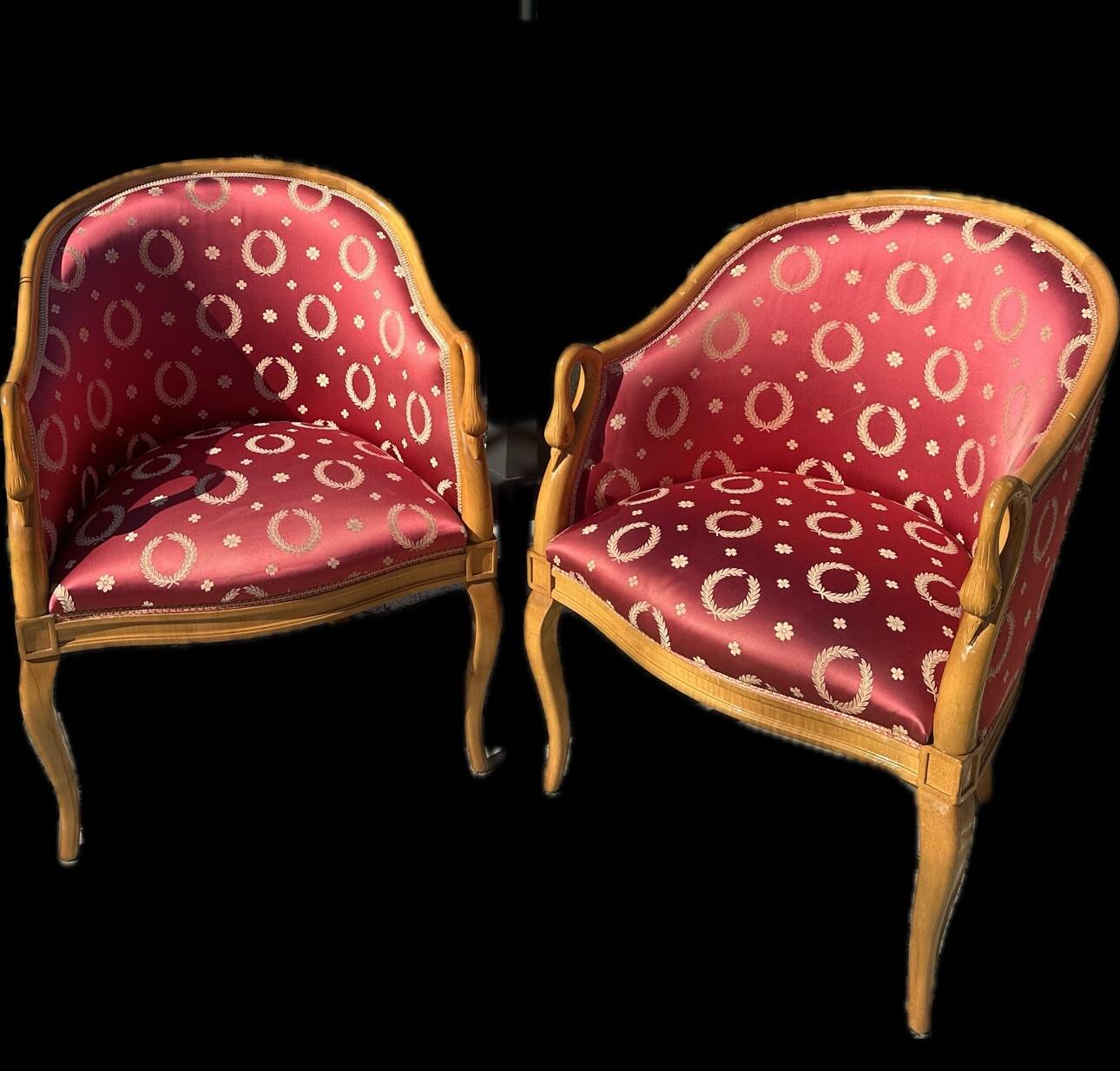 Pair of Empire style swan-neck bergère armchairs