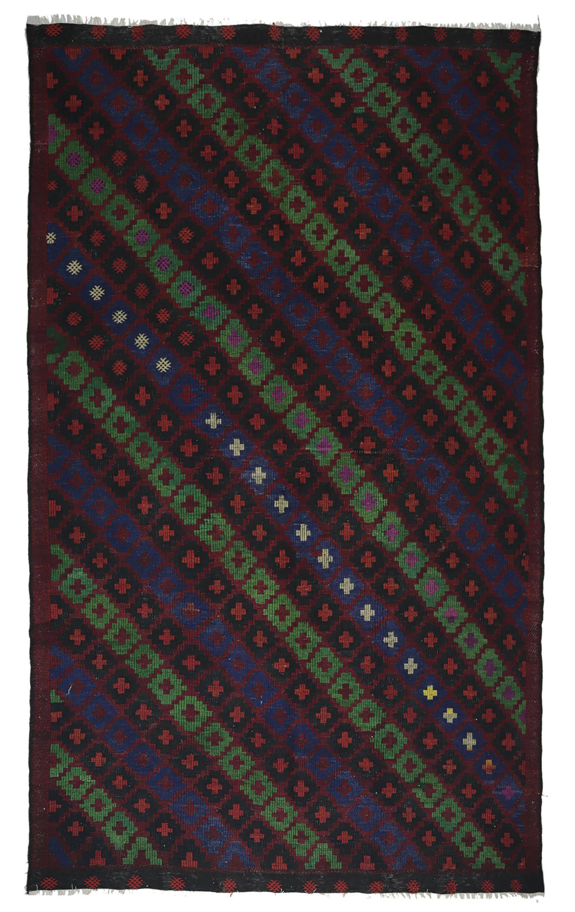 Turkish Kilim Yuruk Vintage 217x353 cm Geometric Green Blue Red