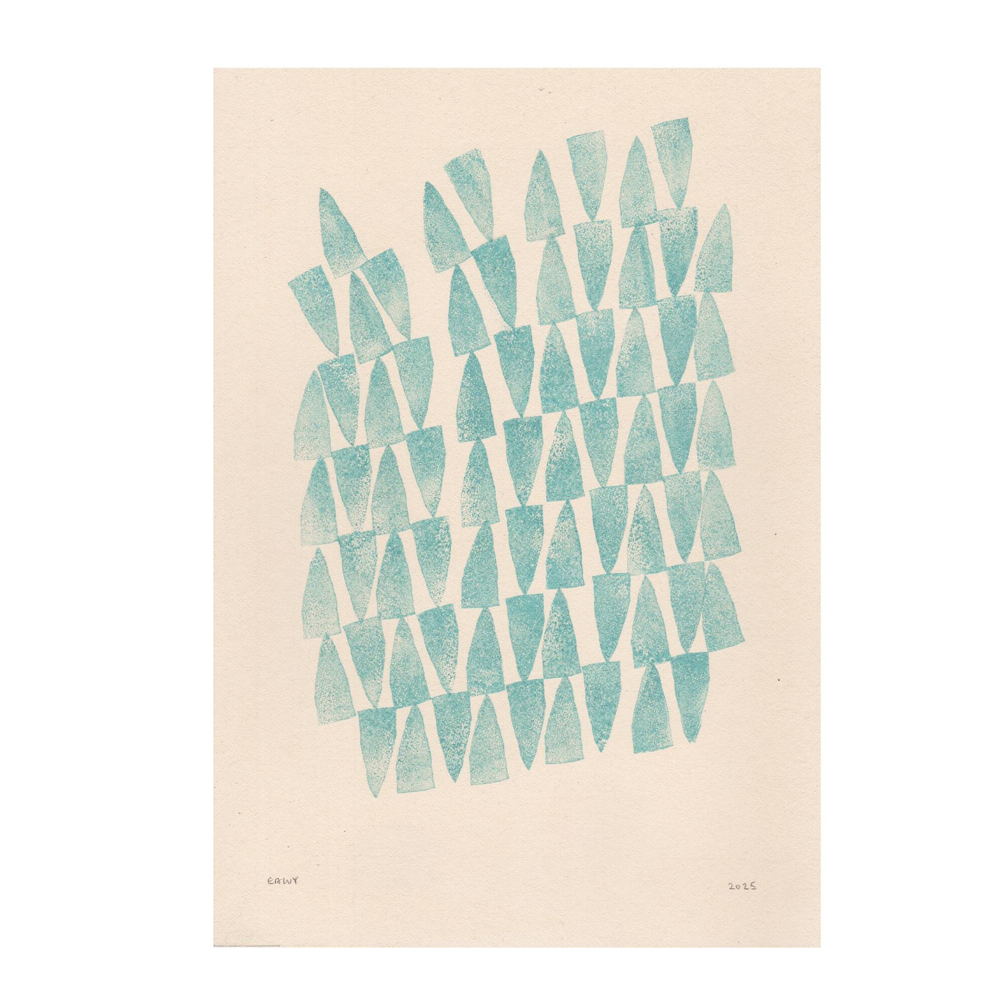 Abstract painting on petroleum blue paper signed Eawy