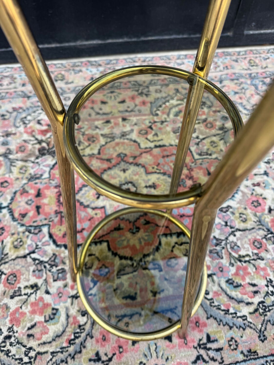 Golden tripod stand with smoked glass from the 1970s.