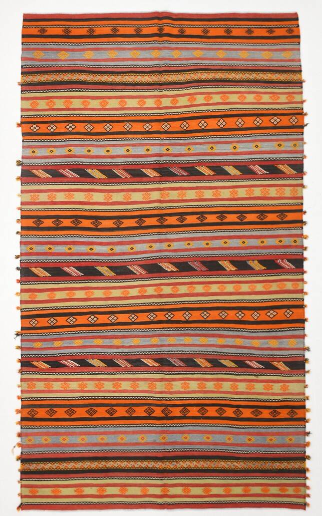 6x11 Pumpkin Orange Striped Turkish Vintage Kilim Rug, 182x320Cm