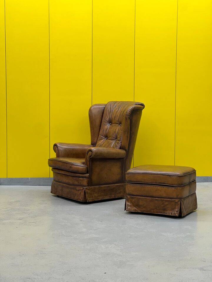 Vintage Chesterfield style wing chair With Ottoman