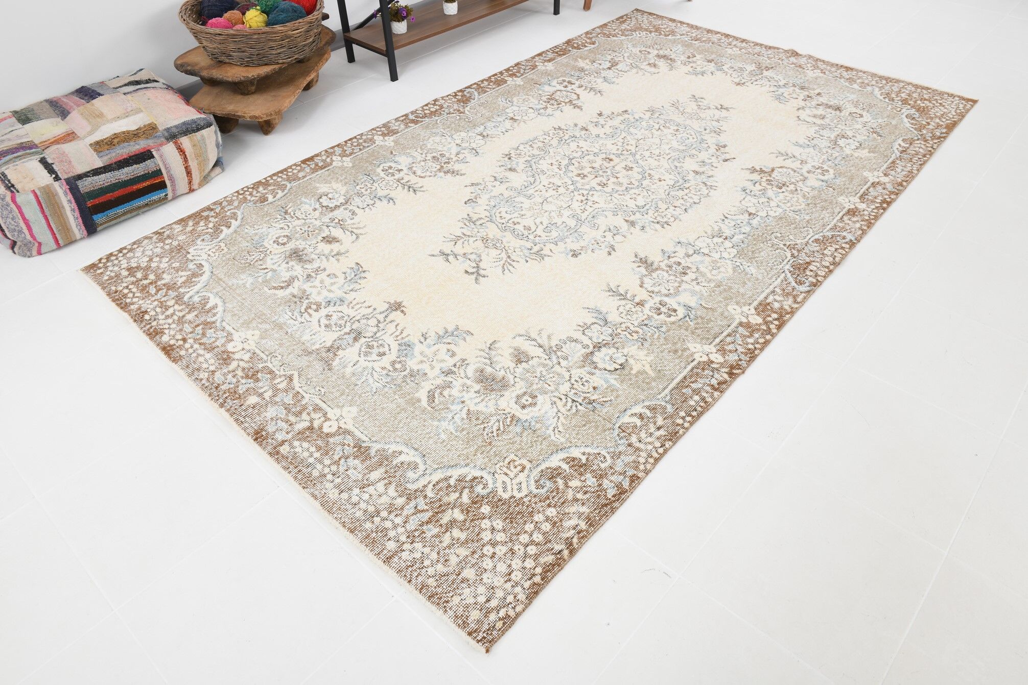 Handmade beige & brown floral  vintage rug