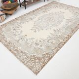 Handmade beige & brown floral  vintage rug